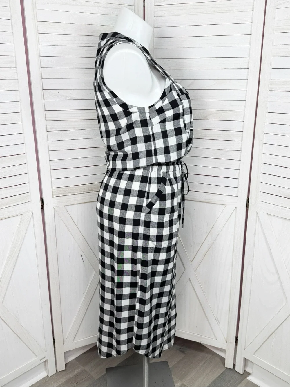 Banana‎ Republic Buffalo Check Sleeveless Cinch Waist Shirt Dress Black White 12